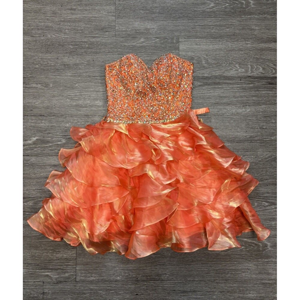 Playtime Iridescent Orange Silver Rhinestones Organza Tiered Ruffled Dress SZ 4